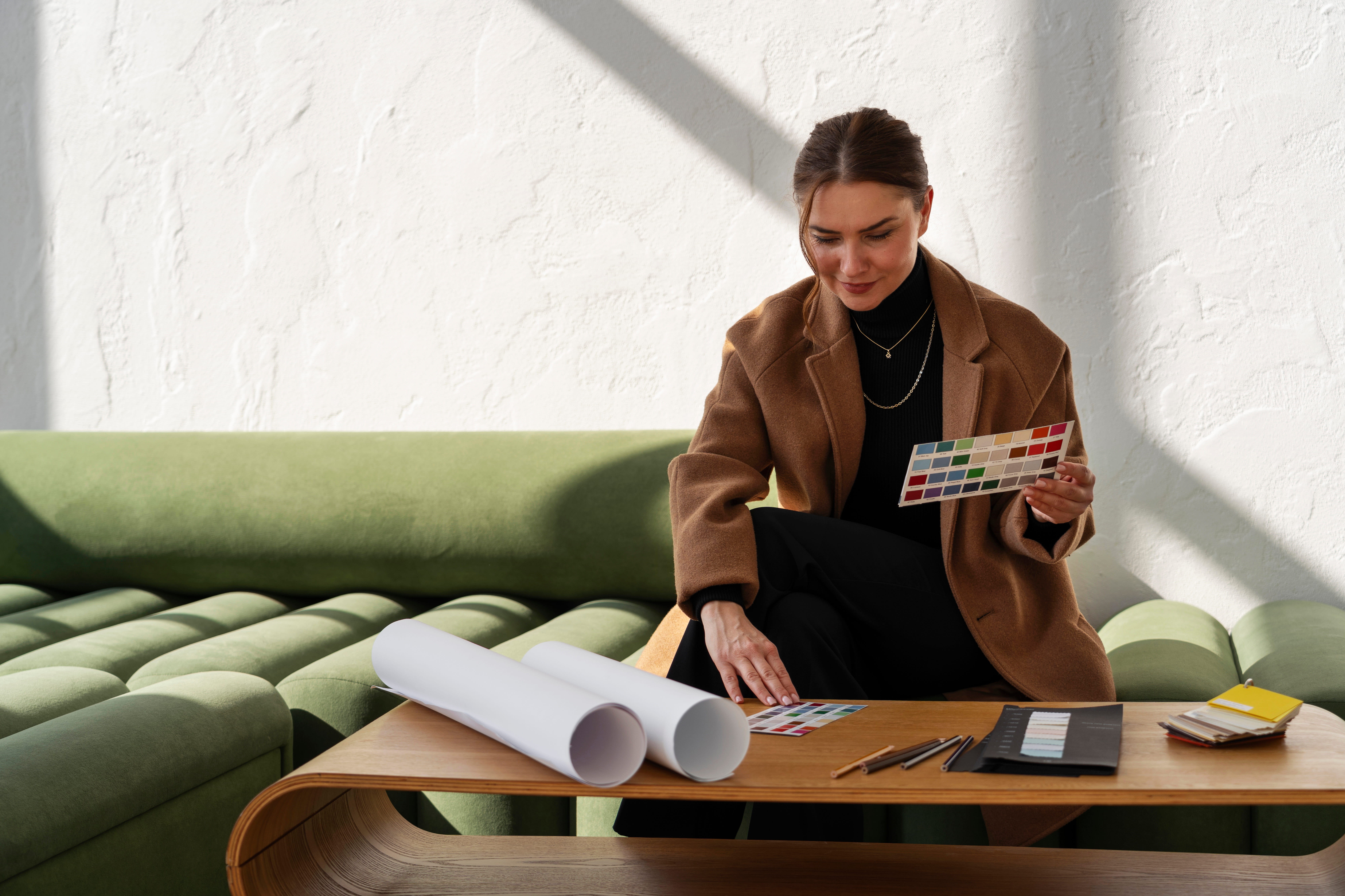 "Professionelle Innenarchitektin bei der Einrichtungsplanung: Eine elegant gekleidete Designerin sitzt auf einem modernen grünen Sofa in einem lichtdurchfluteten Raum und prüft konzentriert verschiedene Farbmuster. Auf dem eleganten Holztisch vor ihr liegen gerollte Baupläne, Stifte und weitere Materialproben. Das Motiv illustriert die sorgfältige Farbberatung und Raumkonzeption, die als wichtige Grundlage für ein erfolgreiches Home Staging, hochwertiges Interior Design und die professionelle Immobilienvermarktung dienen.